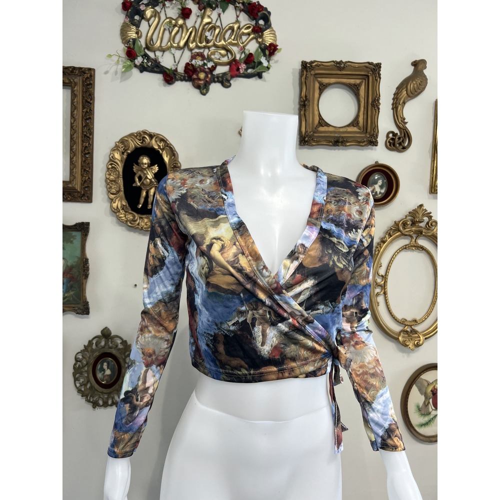Vintage Cheryl Creations Renaissance Art Print Long Sleeve Wrap Crop Top Size M